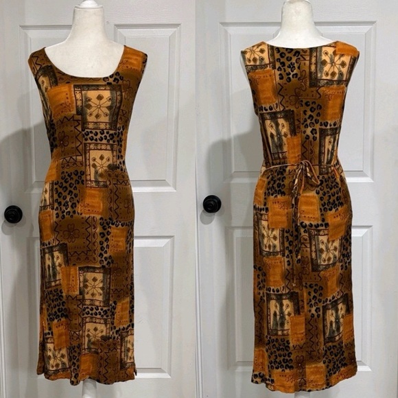 Vintage Dresses & Skirts - Vintage White Stag Patchwork Midi Dress - Orange and Brown